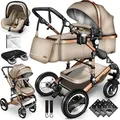 KIDUKU® 3 in 1 Kombi Kinderwagen Beige/Gold Buggy Reisebuggy inkl. Auto- Babyschale Faltbar ECE R129 - Beige