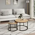 Couchtisch 2er Set aus Holz Wohnzimmertisch Modern Beistelltisch Set 2 in 1 mit Metallgestell für Wohnzimmer, rund, Eiche hell - Hellbraun