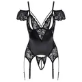 Cottelli LINGERIE Set: Corsage Straps-Corsage und String edler Satinglanz & Spitze - schwarz (1-tlg) Üppiger Kettenbesatz über Brüsten & Hüften schwarz S