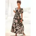 LASCANA Maxikleid mit Blumendruck und V-Ausschnitt aus Webware Sommerkleid mit Puffärmeln, Elegantes Webkleid, Strandkleid schwarz 38