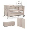 Kinderkraft Joy 2 Acc Kinderbett, 3 in 1 Kinderreisebett, Babybetten, Kinderbett, Reisebett, Modernes Design, Kleine Abmessungen nach Zusammenklappe, Praktisches Zubehör, Räder, Beige