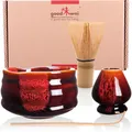 Goodwei Matcha Set komplett mit Matchabesen, Matcha Löffel und Matcha Schale aus Keramik mit Besenhalter im passenden Design | Kunstvoll gefertigte Zeremonieschale Chawan (Akai, 120)