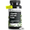 natural elements Vitamin B12 – 180 vegane Tabletten für 6 Monate – 500µg Vit B12 und 200µg Folsäure pro Tagesdosis – hochdosiert, ohne unnötige Zusätze – in Deutschland produziert & laborgeprüft