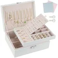 TEIVUL Schmuckkästchen,Damen 2-schichtige Schmuckaufbewahrung,PU-Leder Schmuckkasten mit Schloss,geeignet für Halsketten,Ringe,Ohrringe,Armbänder,Jewelry Organizer für Frauen und Mädchen (weiß)