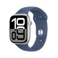Apple Watch Series 10 (GPS 46 mm) Smartwatch mit Aluminiumgehäuse in Silber und Sportarmband in Denim (S/M). Fitnesstracker, EKG App, Always-On Retina Display, Wasserschutz