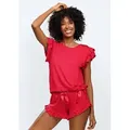 DKaren Schlafanzug Damen Kurzarm Pyjama Shorty Rüschen Nachtwäsche (Set, 2 tlg., Kurzarmshirt + Kurze Hose) rot M-38
