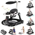 COSTWAY 7 in 1 Lauflernhilfe, Lauflerwagen mit Verdeck, Baby Walker mit Spielboard, Musik, Licht & Rädern, Gehfrei Baby ab 6 Monaten, Schwarz - Schwarz/Weiß