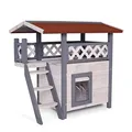 lionto Katzenhaus mit Terrasse und Treppe, Outdoor Lodge für Katzen aus robustem Holz bietet Schutz vor Witterung, 77x50x73 cm, PVC-Lamellen schützen vor Wind, Montageanleitung mitgeliefert, grau/weiß