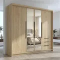 A&J MöbelLand VIVO Kleiderschrank 4-türig mit Spiegel und Schubladen – 200 x 215 cm – Drehtürenschrank mit Kleiderstange und Einlegeböden