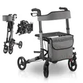 Juskys Rollator Vital grau - Gehhilfe faltbar & leicht aus Aluminium bis 130 kg - Laufhilfe höhenverstellbar mit Sitz, Tasche & Regenschirmhalterung