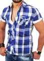 Reslad Herren bügelfreies Kurzarm Hemd Brusttaschen Freizeit Sport Sommer Männer Oberteile Body Neu RS-7065 Blau-Weiß XXL