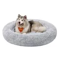 Feandrea Hundebett flauschig, Katzenbett, Donut Kissen, waschbar, Polsterung in der Mitte herausnehmbar, Langer Plüsch, 140 cm Durchmesser, Ombré-Grau PGW044G01