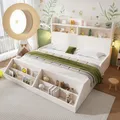 Merax Kinderbett Einzelbett 140x200cm mit Ablage und Nachtlichtern, Holzbett mit Bücherregal abnehmbar, Jugendbett aus Massivholz mit Lattenrost, Weiß