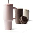 Thermobecher mit Strohhalm & Henkel 1200 ml, Trinkbecher mit Deckel und Stroh...