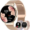 Smartwatch für Damen, rund, Anruf und Antwort, Sprachassistent, Fitness-Tracker, Sportuhr, Schrittzähler, mit Herzfrequenzmesser, Stoppuhr - Gold