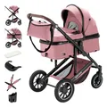 Daliya® FLEXI-PRO M 2in1 Kombikinderwagen & Buggy – XXL-Set, Reise-Kinderwagen mit Einhand-Abnahme, Wetterschutz, Sportsitz, Wickeltasche, Spieltisch, Regenschutz, dicke Matratze (Rosa Leinen)