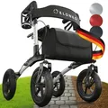 ELONEO Rollator faltbar mit Sitz, Outdoor Rollator mit Luftbereifung inkl. Sitzfläche, Rückengurt, höhenverstellbare Gehhilfe aus Aluminium - Silber