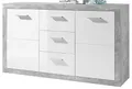 Stella Trading Sideboard in Beton Optik, Weiß Hochglanz - Moderne Kommode mit Schubladen und viel Stauraum - 147 x 89 x 37 cm (B/H/T)