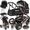 KIDUKU Kombi-Kinderwagen ® 3 in 1 Kombi-Kinderwagen Buggy Reisebuggy inkl. Auto- Babyscha, Kindertisch, Schwarz/Gold