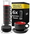 MIAMIO - 6 x 75 ml Espressotassen Set/Espresso Tassen Set mit Untertasse & Ständer - Kaffeetassen Set 6er Kaffeebecher Keramik - Le Papillon Kollektion (Rot)