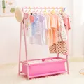Yorbay Kinder Kleiderständer Bambus Garderobenständer mit Aufbewahrungskiste, Kindergarderobe mit Kleiderstange, für Baby- & Kleinkinderzimmer, Mädchen & Jungs (Rosa)