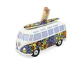 BRISA VW Collection - Volkswagen Spar-Büchse-Schwein-Dose mit Surfbrett im T1 Bulli Bus Samba Design (Flower Power/Bunt)