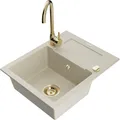 Mexen Enzo Granitspüle Beige mit Abtropffläche & Gold Armatur