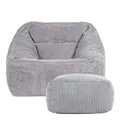 Icon Natalia Sitzsack Sessel mit Hocker für Erwachsene, Grau, Flauschiger Cord Stoff, Riesen Sitzsack Cord mit Füllung, Bean Bag Chair, Bequemer Sessel Wohnzimmer, Lounge, Schlafzimmer, Büro