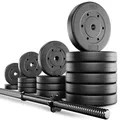 TREX SPORT Langhantel Set 55 kg | Langhantelstange 180 cm mit Gewichten | 16 Hantelscheiben aus Kunststoff in Schwarz mit mattem Finish für Krafttraining Zuhause