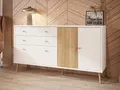 FORTE Harllson, einfache Montage Dank EasyKlix Kommode Weiß mit Holzdekor: Mauvella Eiche, Sideboard, 2 Schubladen, 3 Türen, Mid Century Stil, 160 cm breit x 86 cm hoch x 41 cm tief