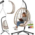 Juskys Hängesessel Aria mit Gestell höhenverstellbar, faltbar & ergonomisch - Outdoor & Indoor - bis 130 kg - Polyrattan Korbhängesessel inkl. Kissen - Beige