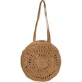 styleBREAKER Damen Runde Schultertasche aus geflochtenem Papierstroh, Henkeltasche, Reißverschluss, Boho Style 02012383 - Braun