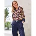 Druckbluse HEINE, Damen, Gr. 40, camel, marine, bedruckt, 100% Polyester, gemustert, animal-print, mehrfarbig, V-Ausschnitt, Langarm, Blusen
