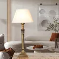 Licht-Erlebnisse Premium Tischlampe Messing, Stoff in Bronze glänzend Weiß Wohnzimmer 41,5 cm E14 blendarm Jugendstil Nachttischleuchte Schlafzimmer
