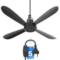 Bestlivings Mobiler Deckenventilator Schwarz (5m XXL Kabel) mit Stecker und Schalter, 220V-240V / 5 Watt, Ø40 cm Decken Ventilator mit Aufhänger