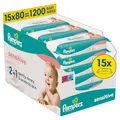Pampers Sensitive Baby-Feuchttücher, 15 Packungen mit 80 Feuchttüchern,1200 Baby-Feuchttücher, 2-in-1 sanfte Reinigung & Hautschutz