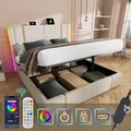Sweiko Polsterbett Doppelbett USB Type C Ladefunktion APP-Control LED 180×200 Stauraumbetten Bettgestell, Lattenrost aus Holz,Beige Leinenmaterial... - Beige