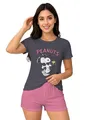 The Peanuts Snoopy Schlafanzug für Damen - Best Friends Pyjama Set Kurzarm Oberteil mit Shorts Grau/Rosa (DE/NL/SE/PL, Alphanumerisch, XL, Regular, Regular)