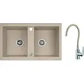 BADLAND Elza Set Spülbecken Granitspüle Doppelbecken Beige Armatur Spültischarmatur Siphon - Beige