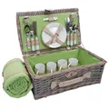 B-Ware Picknickkorb-Set MCW-B24 für 4 Personen, Weiden-Korb, Porzellan grau-grün