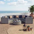 Poly-Rattan Garnitur rund HWC-E17, Garten-Set Sitzgruppe grau, Polster dunkelgrau, Kissen beige - Grau