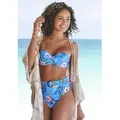 Highwaist-Bikini-Hose S.OLIVER "Maya", Damen, Gr. 36, N-Gr, blau (blau, bedruckt), Polyamid, floral, Badehosen, mit abnehmbarem Gürtel und Schnalle in Horn-Optik