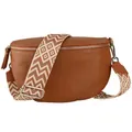 MIRROSI® Bauchtasche Damen, Echtleder, Made in Italy, Umhängetasche, Brusttasche, Crossbody Bag (1 Tasche & 2 Gurte) (Cognac (Bohemian Braun Beige), Kleine Tasche (22x13x6cm))