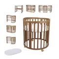 Waldin Oval Baby-Bett Mitwachsend Komplett Set 7in1, Gitterbett, Kinderbett mit Matratze, Wickelkommode, Beistellbett, Holz Vintage