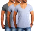 Young & Rich Herren Uni T-Shirt Basic mit extra tiefem V-Ausschnitt Slimfit deep V-Neck Stretch dehnbar 1315, Grösse:XXL, Farbe:2X Grau Melange / 1x Dunkelgrau Melange (3er Pack)