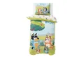 MTOnlinehandel Kinderbettwäsche Bluey Renforcé in 135x200 + 80x80 cm, Geschenkidee, 100% Baumwolle, 2 teilig, Wendebettwäsche für Mädchen und Jungen, Bingo & Bluey