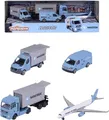 Majorette - Maersk Transport-Fahrzeuge (Geschenkset) - 4 Modellfahrzeuge aus Metall (Man Truck, Mercedes-Benz Sprinter, Volkswagen Crafter & Airbus Flugzeug), Spielzeug fr Kinder ab 3 Jahre