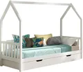 Vipack Hausbett Cabane, mit Dachaufbau, Bettschublade auf Rollen u. Sprossenumrandung (B/H/T ca. 208x169x98 cm) aus massiver Eiche, Oberfläche Natur), sehr stabil und standfest gebaut inkl. Massivholz Rolllattenrost