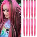 LSKJMO 10 Pcs 20 inch Pink Wig Pieces Colorful Party Highlights Clip in Coloured Hair Extensions Multicolors Straight Synthetic Hairpieces for Women