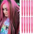 10 Pcs 20 inch Pink Wig Pieces Colorful Party Highlights Clip in Coloured Hai...